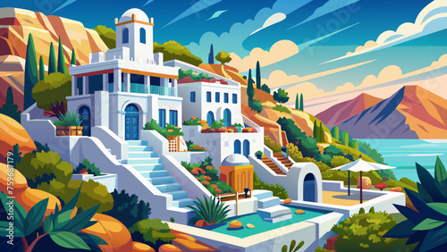 Greek villa white on mountain side vector art illustration © Merry