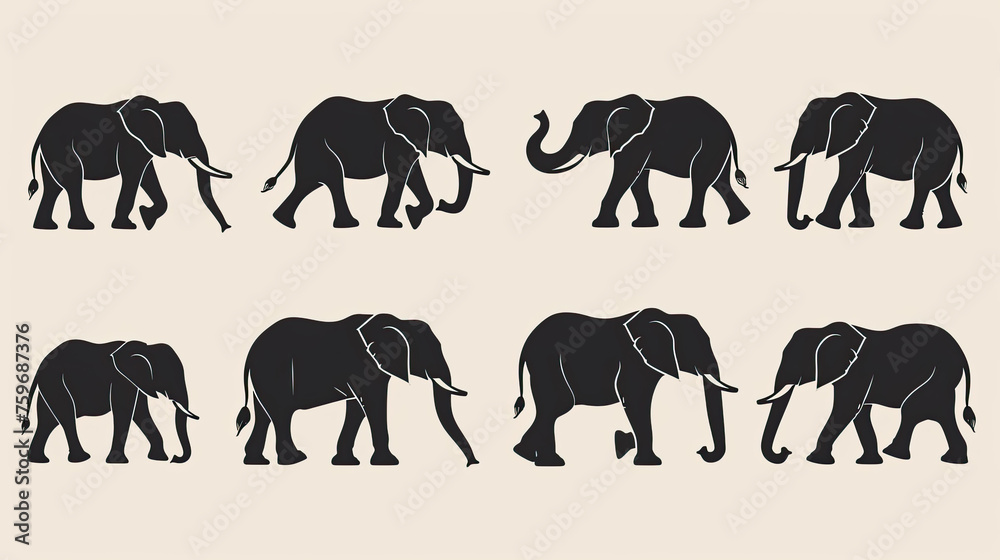 set of silhouette icons of cute elephant isolated on white background, cards, banners, posters, wildlife	