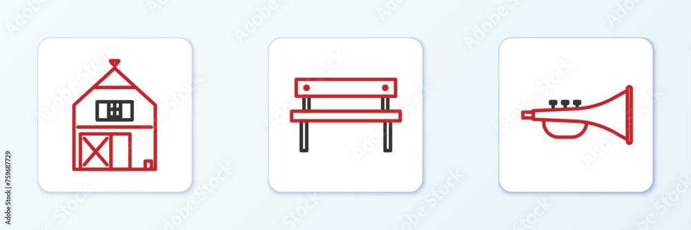 Set line Musical instrument trumpet, Farm House and Bench icon. Vector Set line Musical instrument trumpet, Farm House and Bench icon. Vector