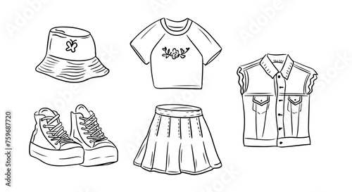 Vintage 90s girls outfit in outline sketchy style. Vector hand drawn outline doodle drawings isolated on white background. Retro concept. Ideal for coloring pages, tattoo, sticker