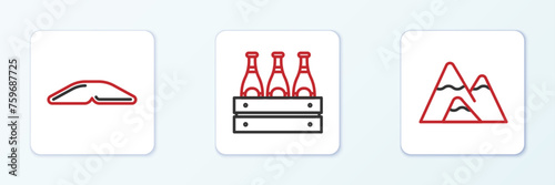 Set line Mountains, Homemade pie and Pack of beer bottles icon. Vector