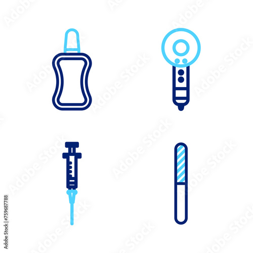 Set line Nail file, Syringe, Hair dryer and polish bottle icon. Vector