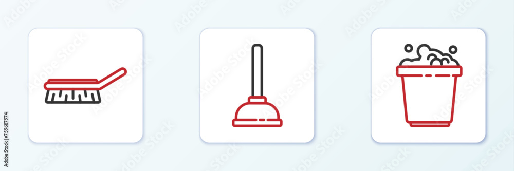Set line Bucket with soap suds, Brush for cleaning and Rubber plunger icon. Vector Set line Bucket with soap suds, Brush for cleaning and Rubber plunger icon. Vector