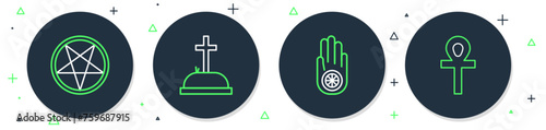 Set line Tombstone with cross, Jainism or Jain Dharma, Pentagram circle and Cross ankh icon. Vector
