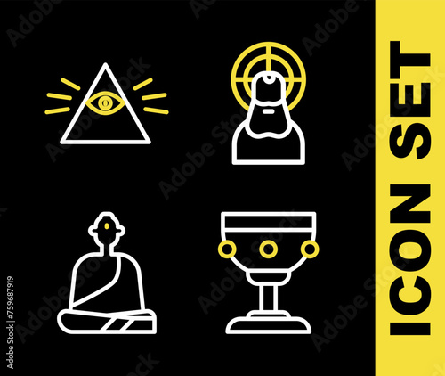 Set line Jesus Christ, Christian chalice, Buddhist monk and Masons icon. Vector