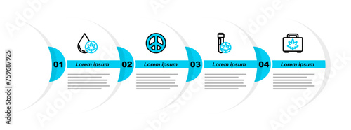 Set line Shopping box of marijuana, Chemical test tube with, Peace and Marijuana or cannabis olive oil icon. Vector