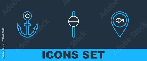 Set line Location fishing, Anchor and Fishing float icon. Vector