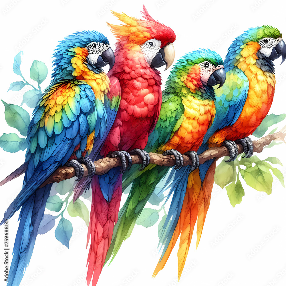 Watercolor colorful parrots,