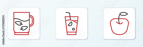 Set line Apple, Cup of tea and leaf and Fresh smoothie icon. Vector