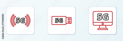 Set line Monitor with 5G network, and modem icon. Vector