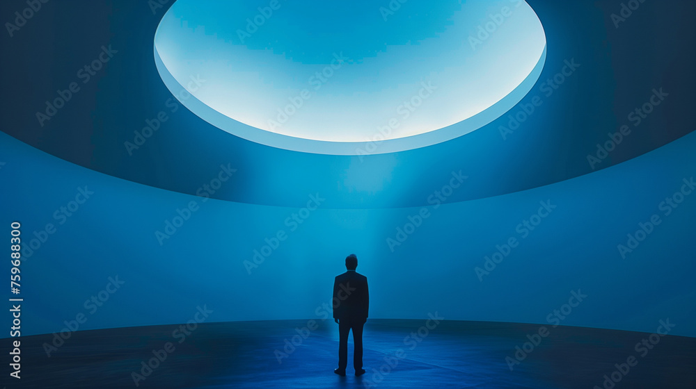 Silhouette of a person in a blue-lit circular room.