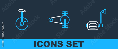 Set line Bicycle pedal, Unicycle or one wheel bicycle and chain with gear icon. Vector
