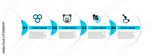 Set line Honey dipper stick with honey, Hive for bees, Bear head and Honeycomb icon. Vector