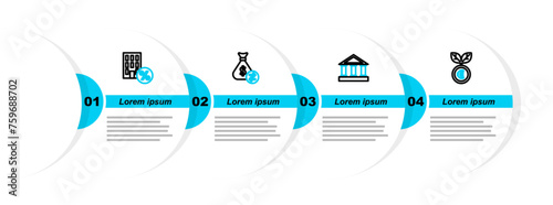 Set line Euro plant, Bank building, Money bag and House with percant discount icon. Vector