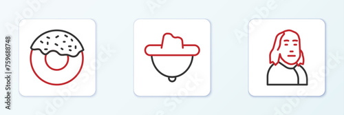 Set line Benjamin Franklin, Donut and Western cowboy hat icon. Vector