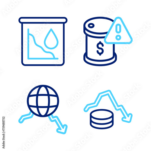 Set line Dollar rate decrease, Global economic crisis, Drop in crude oil price and icon. Vector
