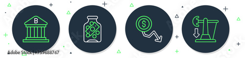 Set line Glass money jar with coin, Dollar rate decrease, Bank building and Drop crude oil price icon. Vector