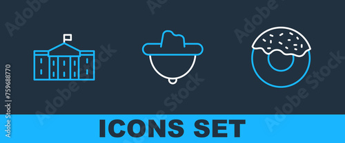 Set line Donut, United States Capitol Congress and Western cowboy hat icon. Vector
