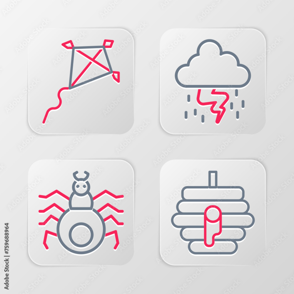 Set line Hive for bees, Spider, Storm and Kite icon. Vector Set line Hive for bees, Spider, Storm and Kite icon. Vector