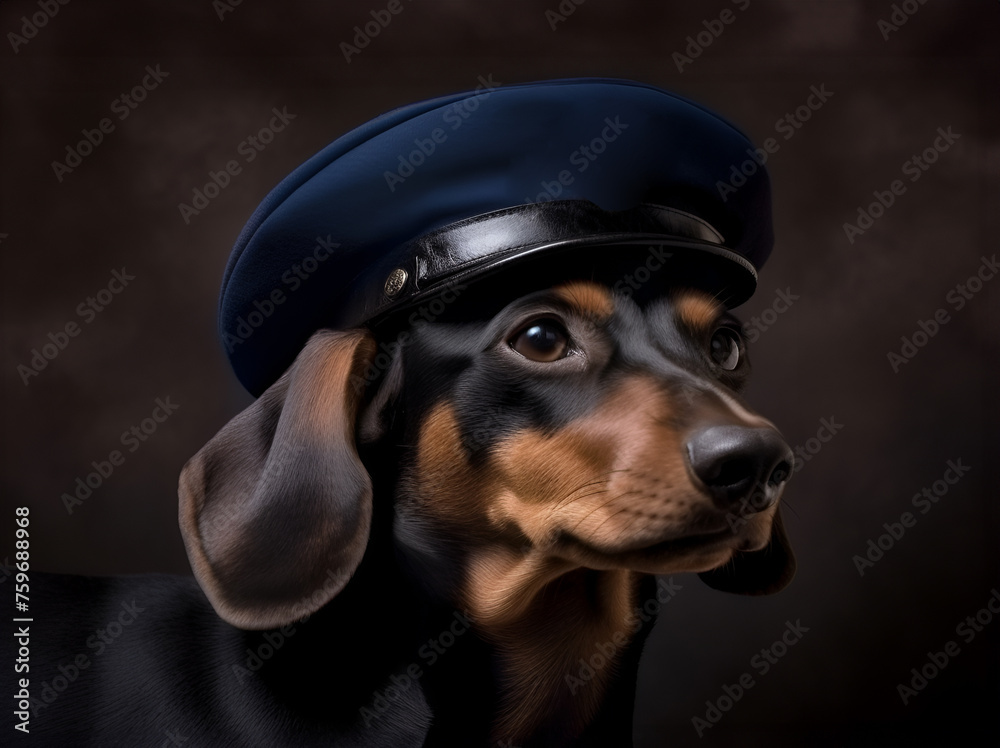 dog with grey beret and scarf. Hand drawn illustration of dressed dachshund.