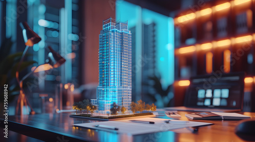 concept holo blue 3d render miniature model maquette of small skyscraper building on table in real estate agency. signing mortgage contract document demonstrating. futuristic business photo