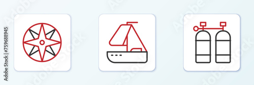 Set line Aqualung, Wind rose and Yacht sailboat icon. Vector