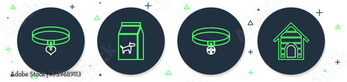 Set line Bag of food for dog, Collar with name tag, and heart and Dog house icon. Vector