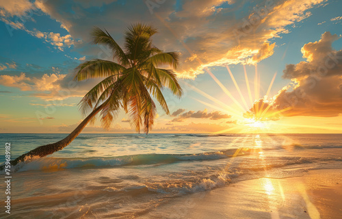 Beautiful sunset on the beach with palm trees in a Caribbean island  Barbados