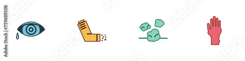 Set Reddish eye allergic conjunctivitis, Inhaler, Dust and Hand with psoriasis or eczema icon. Vector