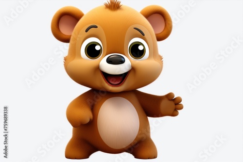 Brown toy bear with a smile waving on a white background