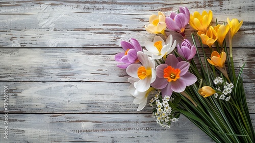 Bright springtime arrangement of Easter flowers, daffodils and blooming tulips with a wooden backdrop and text space, Generative AI.