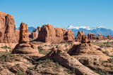 Arches National Park and La Sal Mountains near Moab in Utah. The park contains more than 2000 natural sandstone arches.