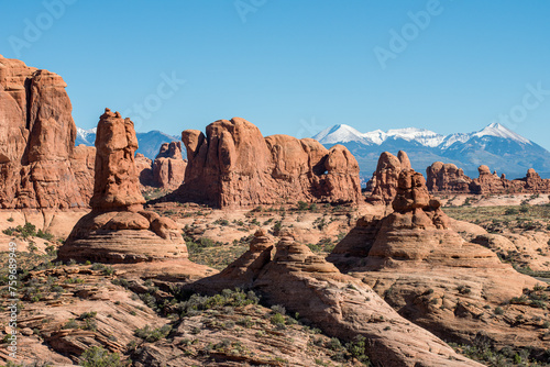 Arches National Park and La Sal Mountains near Moab in Utah. The park contains more than 2000 natural sandstone arches.