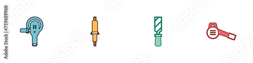 Set Angle grinder, Soldering iron, Rasp metal file and Leaf garden blower icon. Vector