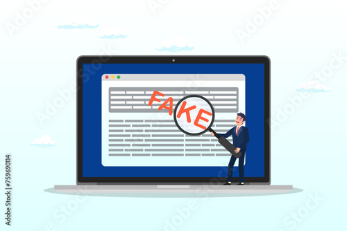 Man with magnifying glass verify fake news on website on computer, fake news or false information spreading on website and social media, screening or verify truth before sharing or believe (Vector)