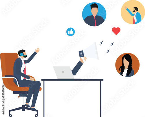 Adobe Illustrator ArtworkOnline Conference and work from home video conference meeting with team, office guy stay home working at home chair conference meeting with team concept,
