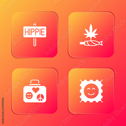 Set Peace, Marijuana joint, spliff, Suitcase for travel and LSD acid mark icon. Vector