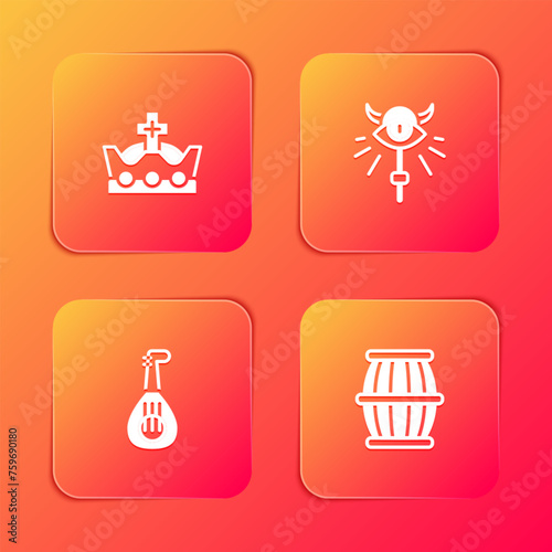 Set King crown, Magic staff, Lute and Gun powder barrel icon. Vector