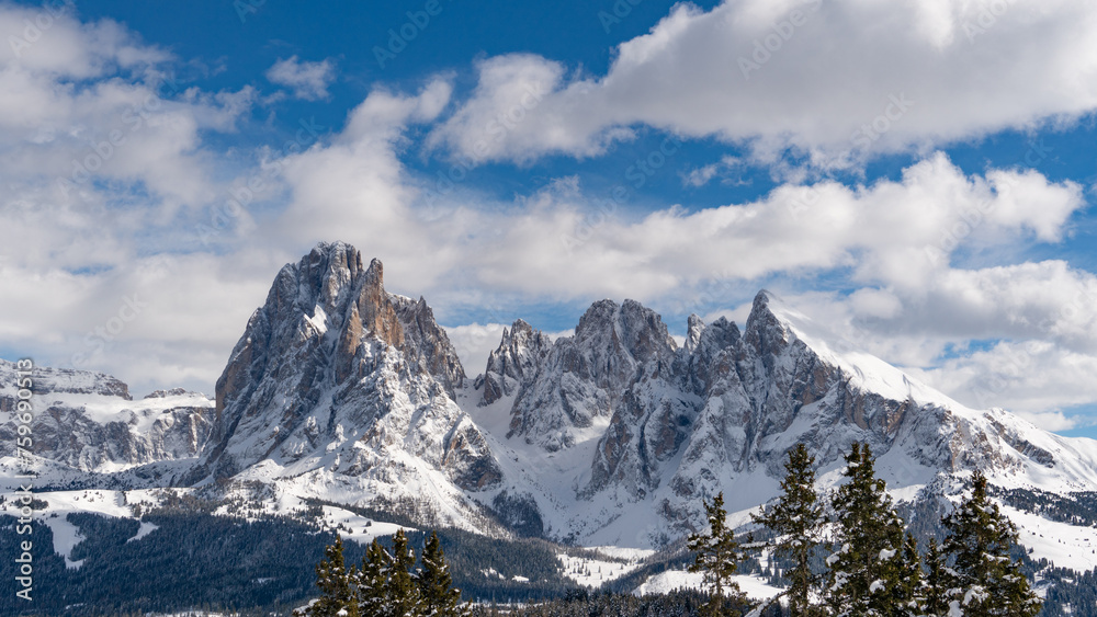 Fototapeta premium Dolomite Langkofel mountains in the winter as seen from the Seiser Alm