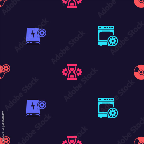 Set Oven setting, Power bank, Hourglass and CD or DVD disk on seamless pattern. Vector