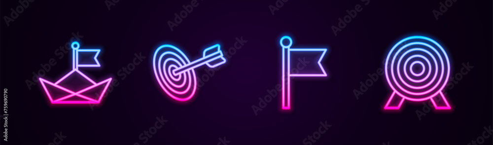 Set line Folded paper boat, Target, Flag and . Glowing neon icon. Vector Set line Folded paper boat, Target, Flag and . Glowing neon icon. Vector