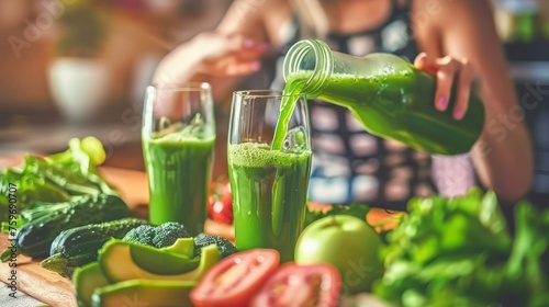 Detox juice, Hand of woman pouring vegetable smoothie, healthy meal food for weight loss