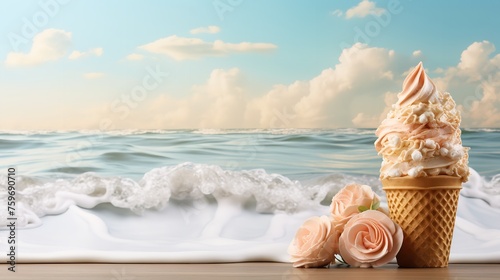 Classic British ice cream cone set atop seashells and flowers with a backdrop of the beach and the sky and space for text, Generative AI. photo
