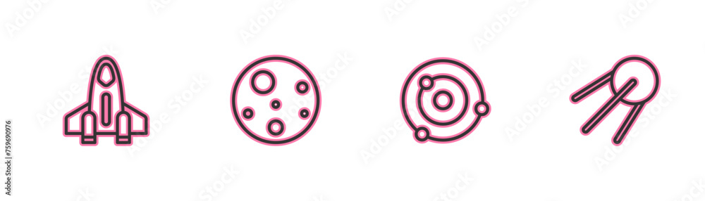 Set line Rocket ship, Solar system, Planet Mars and Satellite icon. Vector Set line Rocket ship, Solar system, Planet Mars and Satellite icon. Vector