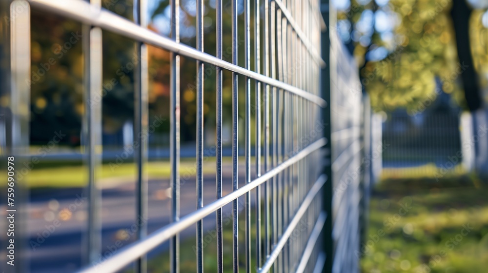 A modern panel fence in anthracite color. Grey metal corrugated fence in front of a residential building. Texture of profiled metal. A modern panel fence in anthracite color. Grey metal corrugated fence in front of a residential building. Texture of profiled metal.