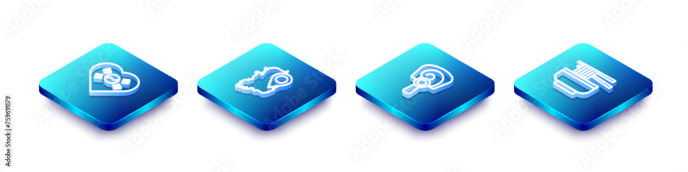 Set Isometric line Love Korea with heart, South map, Korean hand fan and Ramen icon. Vector Set Isometric line Love Korea with heart, South map, Korean hand fan and Ramen icon. Vector
