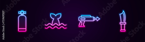 Set line Aqualung, Whale tail, Fishing harpoon and Diving knife. Glowing neon icon. Vector