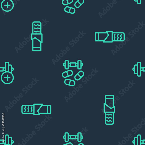 Set line Sports doping with dumbbell, Protein sport bar and Dumbbell on seamless pattern. Vector