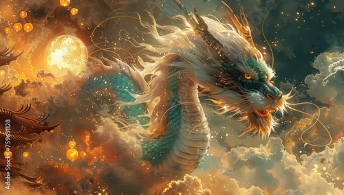 The Chinese dragon, surrounded by auspicious clouds and the golden moon in the background