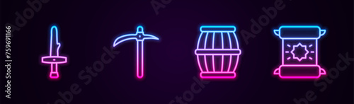 Set line Dagger, Pickaxe, Gun powder barrel and Decree, parchment, scroll. Glowing neon icon. Vector